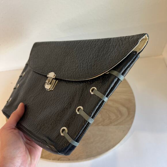 Vintage 90s Black Genuine Leather Weaved Silver Lock Large Clutch Bag - Picture 7 of 13